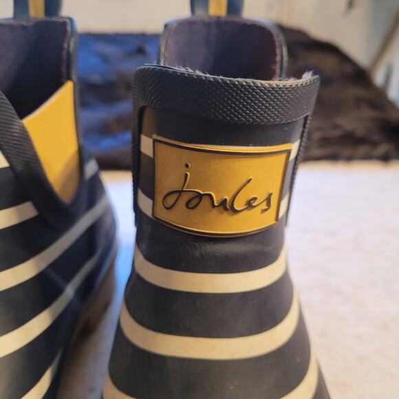 JOULES Womens Wellibob Short Rain Boots 7 Navy Yellow Stripe Waterproof Ankle - Picture 4 of 9
